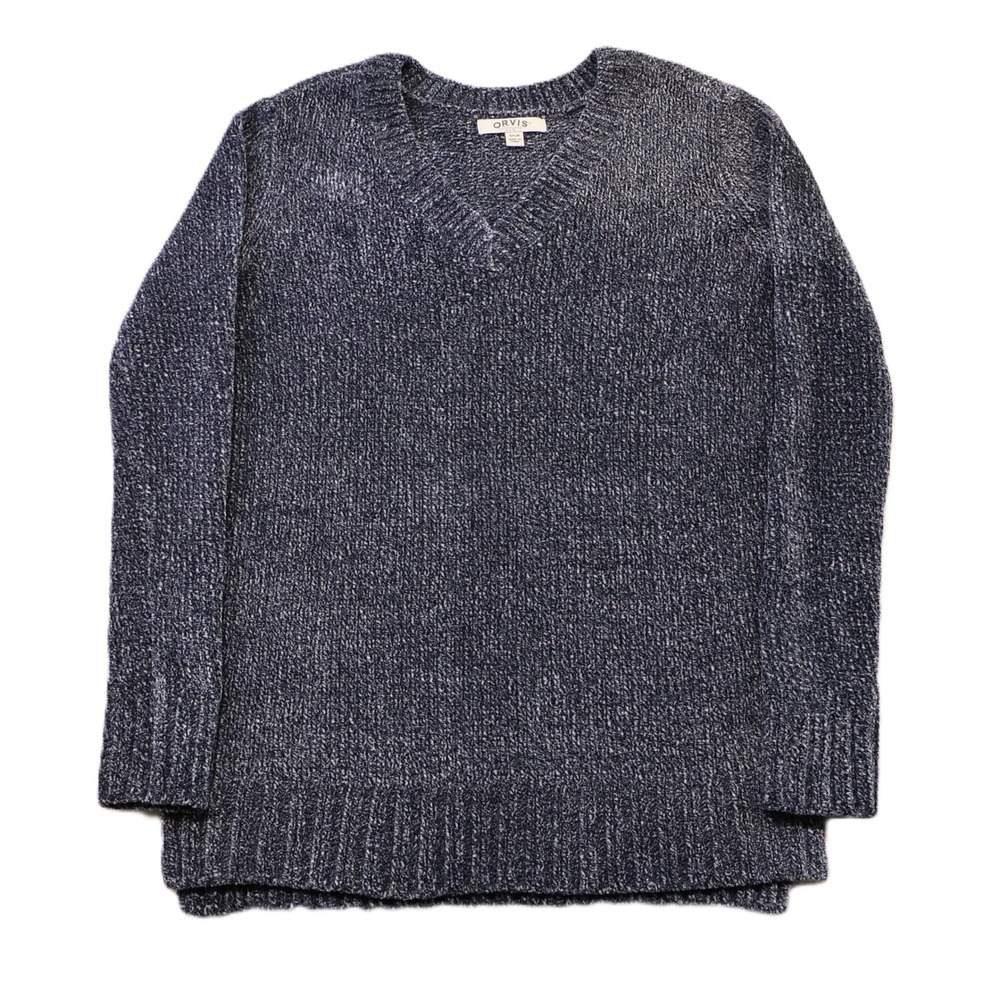 Orvis Mens Small Sweater Navy Blue Marled Chenille V-Neck Knit 1420674